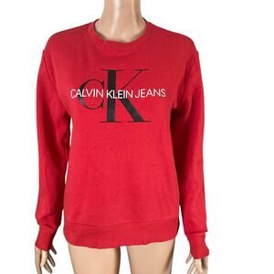 Calvin Klein Sweatshirt Small Chenille Monogram Logo Fleece Pullover Red BLK